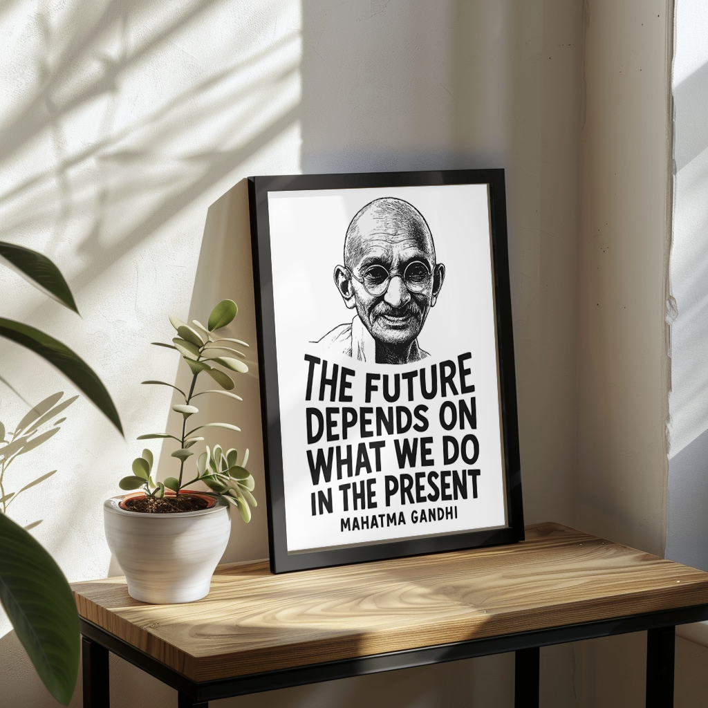 Mahatma Gandhi "The Future Depends" Wooden Framed Poster A3 (29.7 x 42cm)