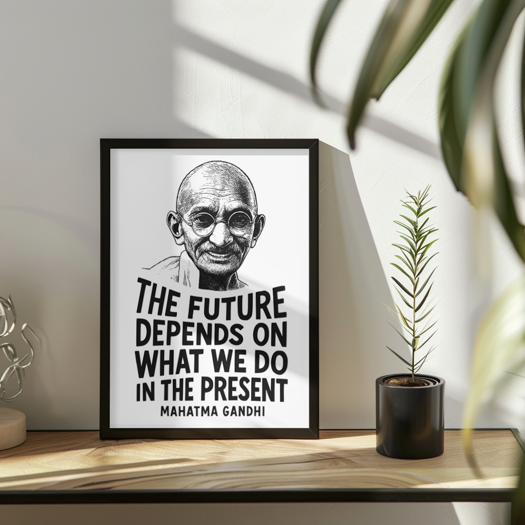 Mahatma Gandhi "The Future Depends" Wooden Framed Poster A3 (29.7 x 42cm)
